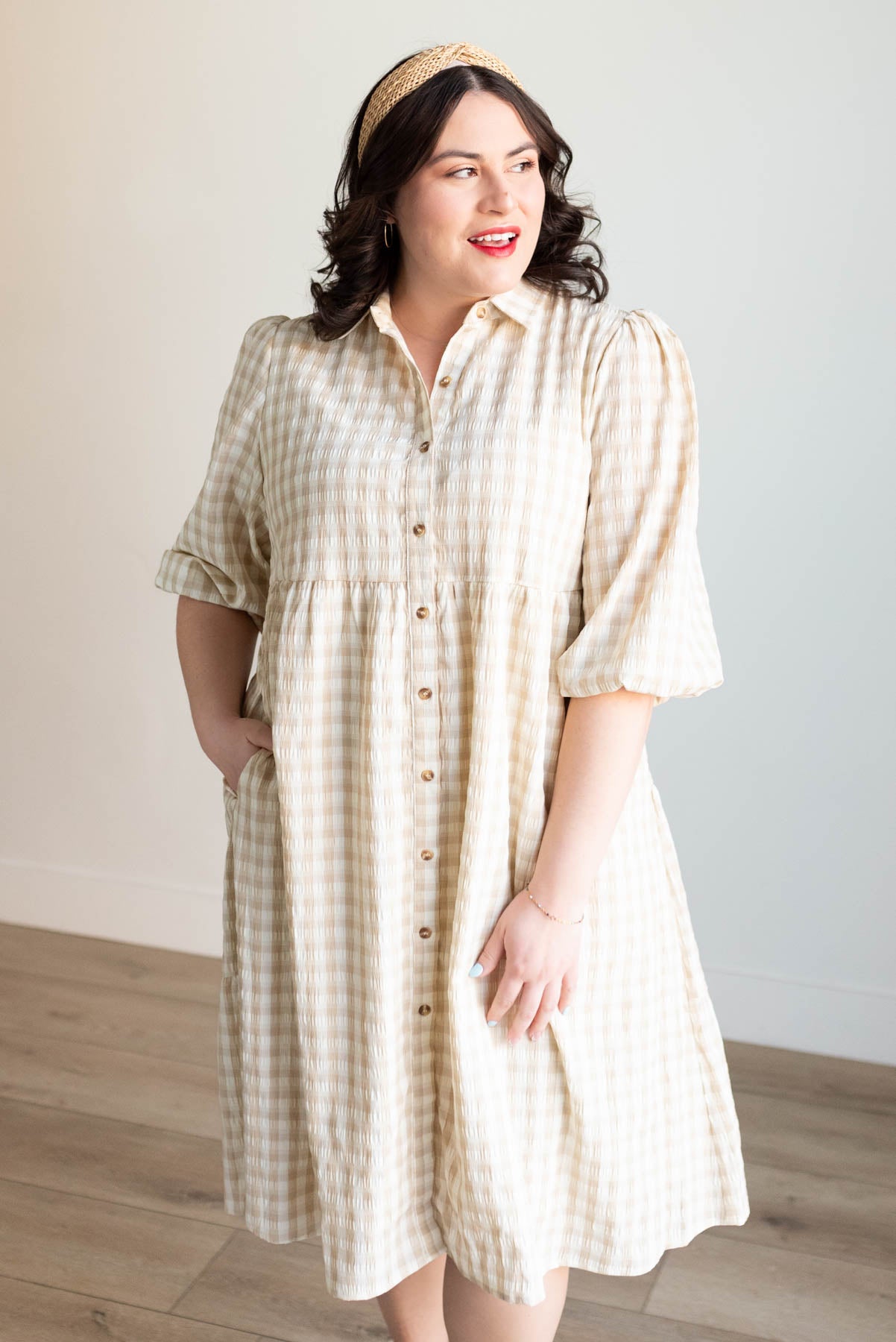 Cambree Taupe Gingham Button Down Dress