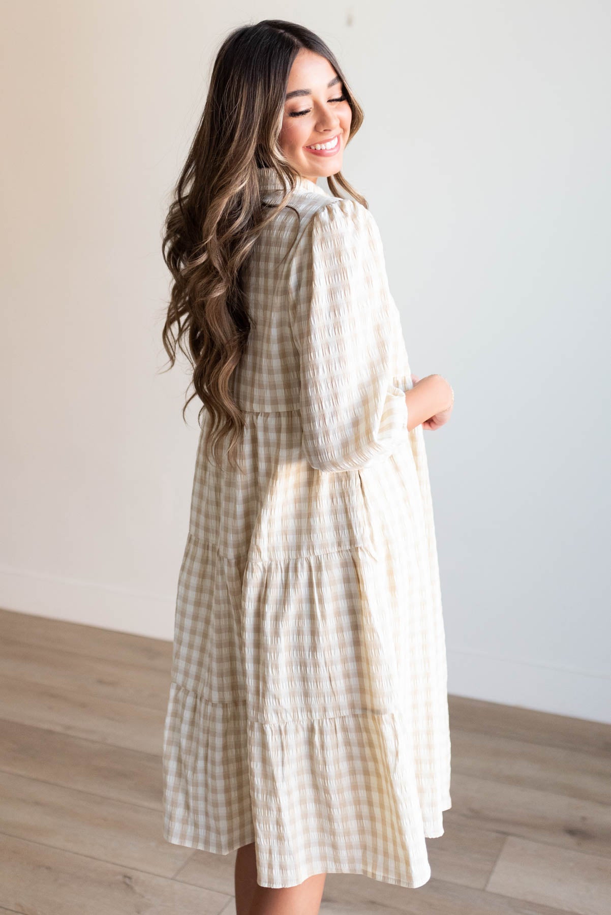 Cambree Taupe Gingham Button Down Dress