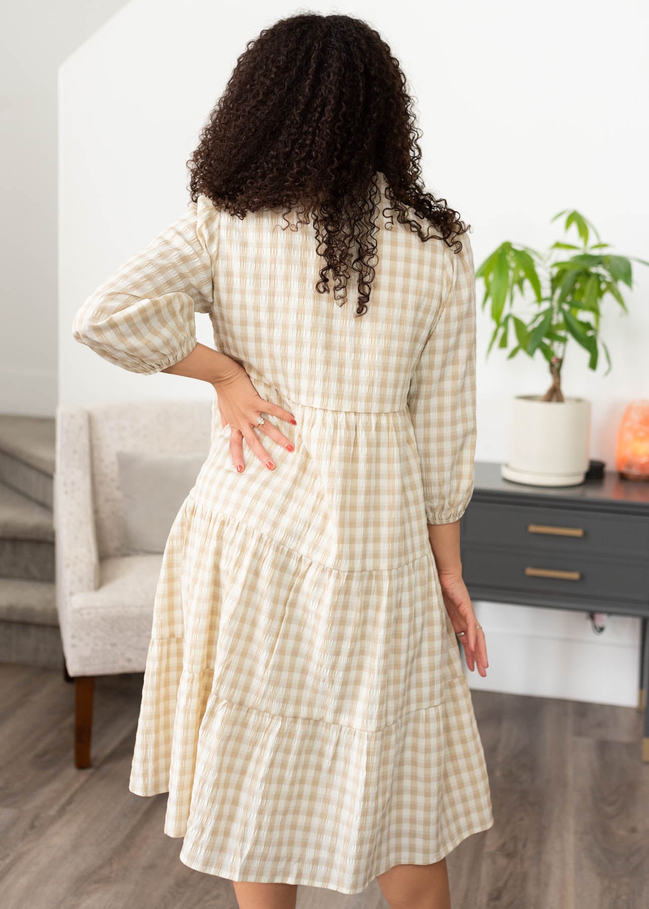 Back view of the tuape gingham button down dress