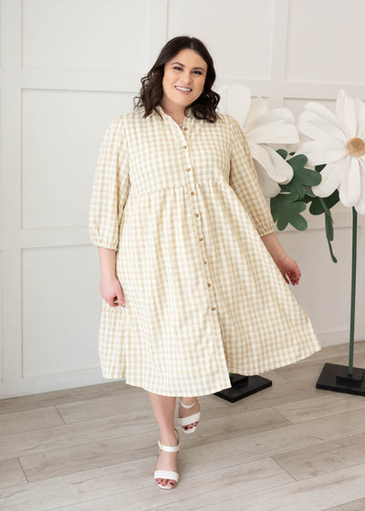 Cambree Taupe Gingham Button Down Dress