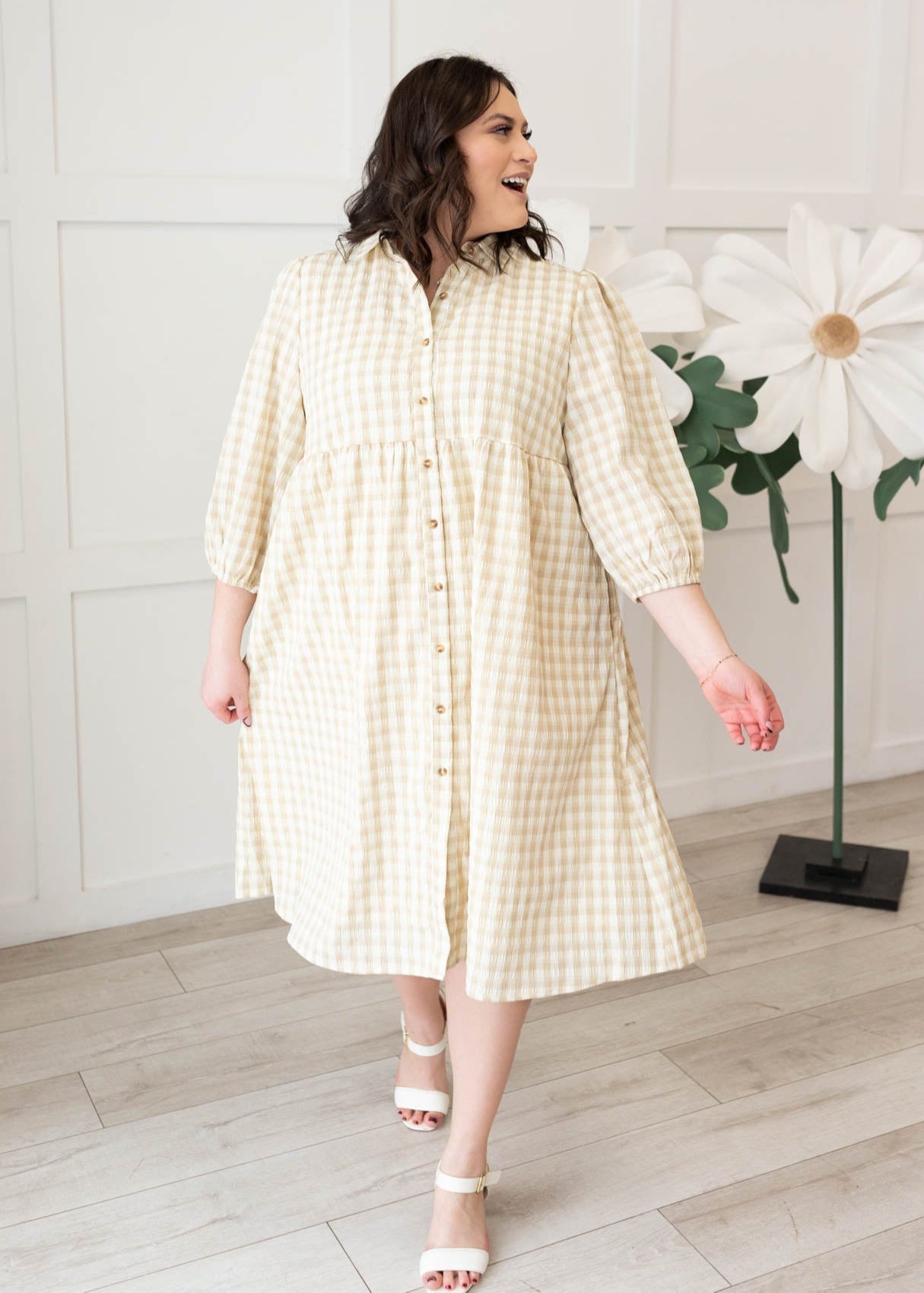 Cambree Taupe Gingham Button Down Dress