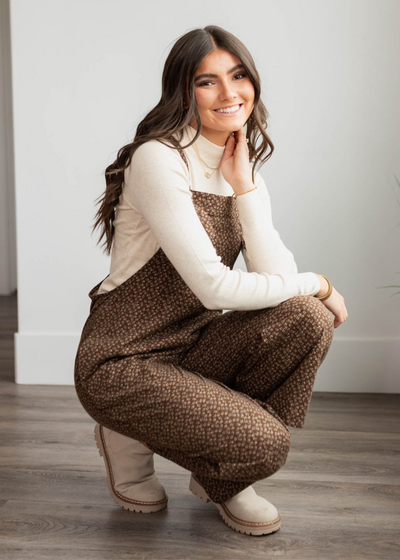 Brown floral printed overalls with front pocket