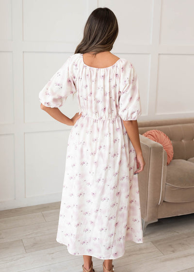 Back view of the lavender blush floral dress