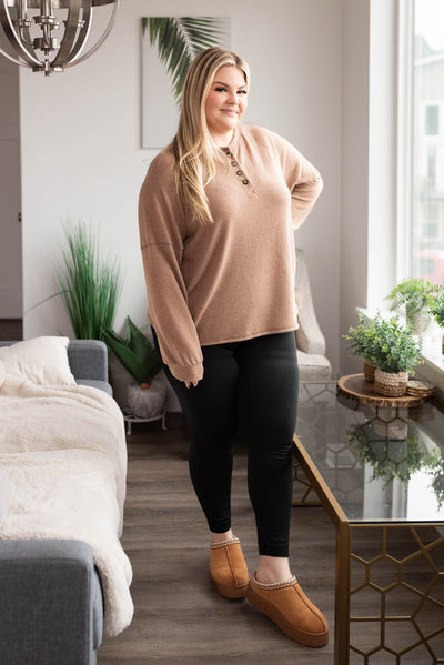 Long sleeve plus size mocha button top