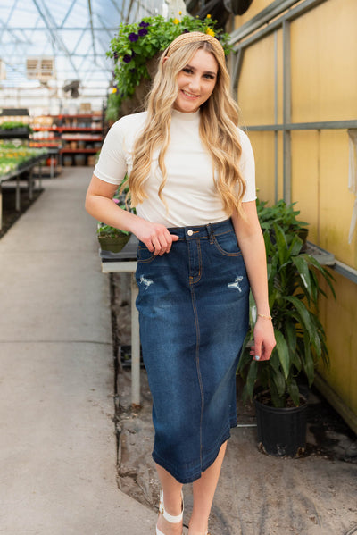 Carleen Dark Denim Distressed Skirt