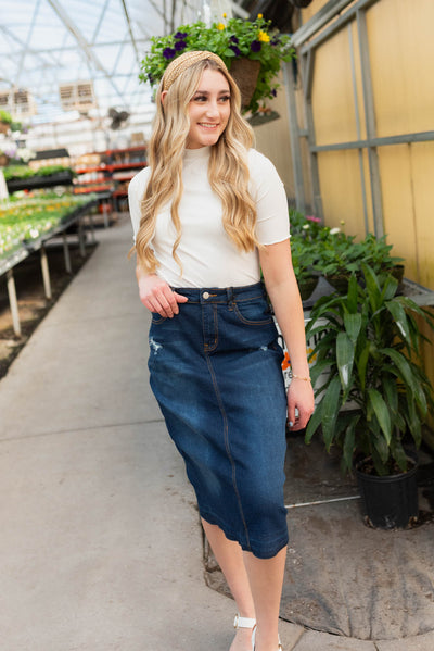 Carleen Dark Denim Distressed Skirt