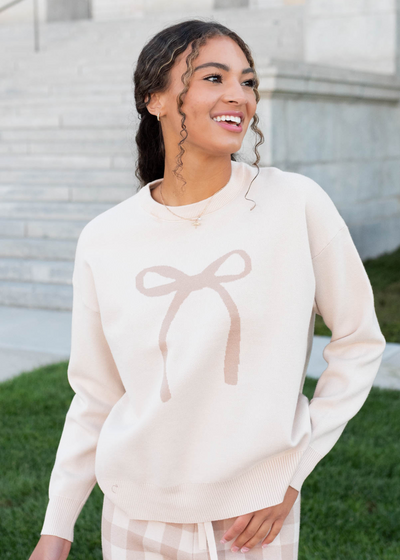 Front view of the oatmeal ribbon sweater