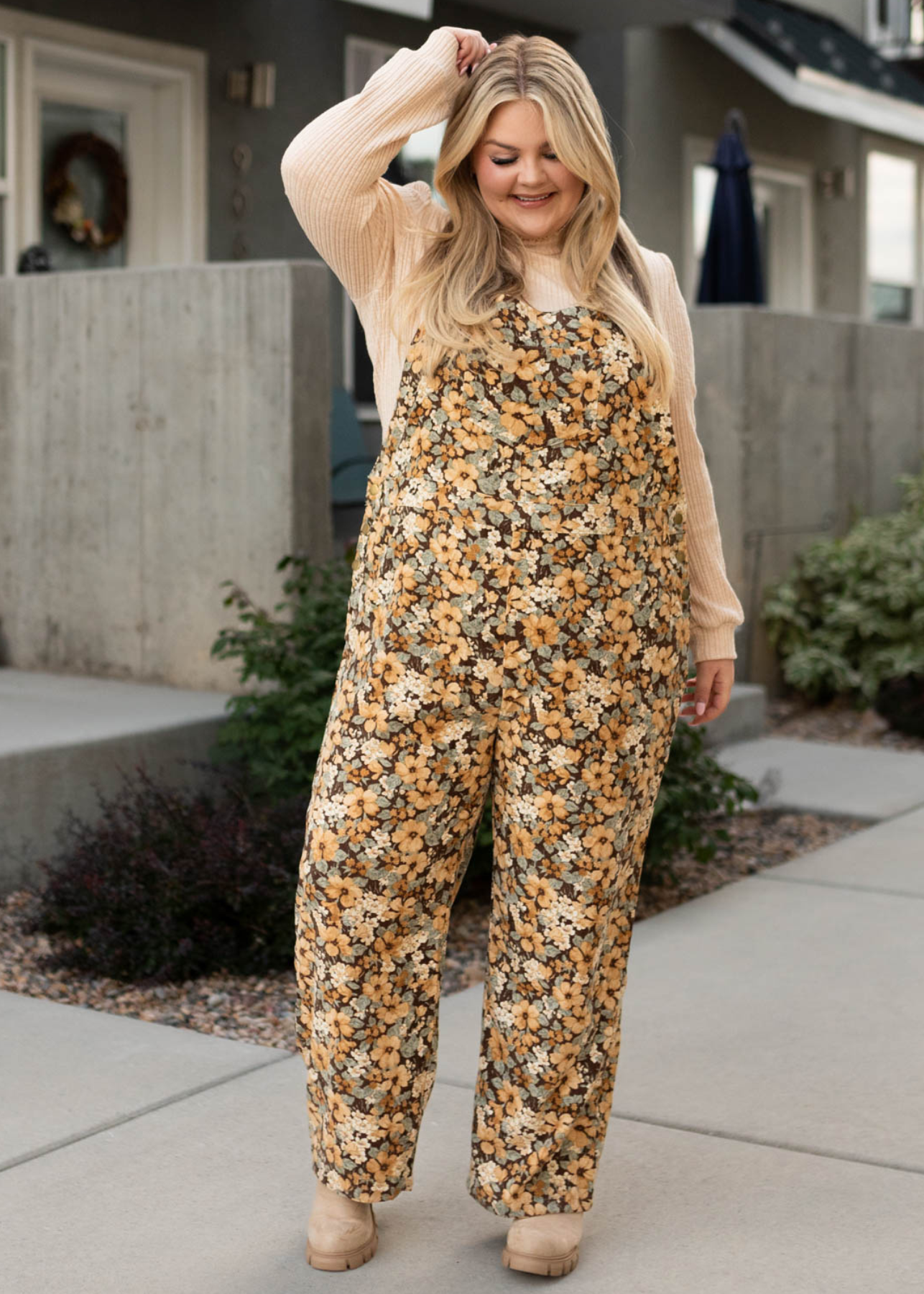 plus size floral corduroy overalls with pockets