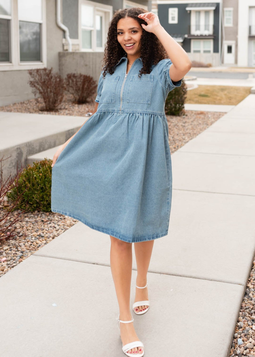 Denim zip up dress with a slight gathered waist