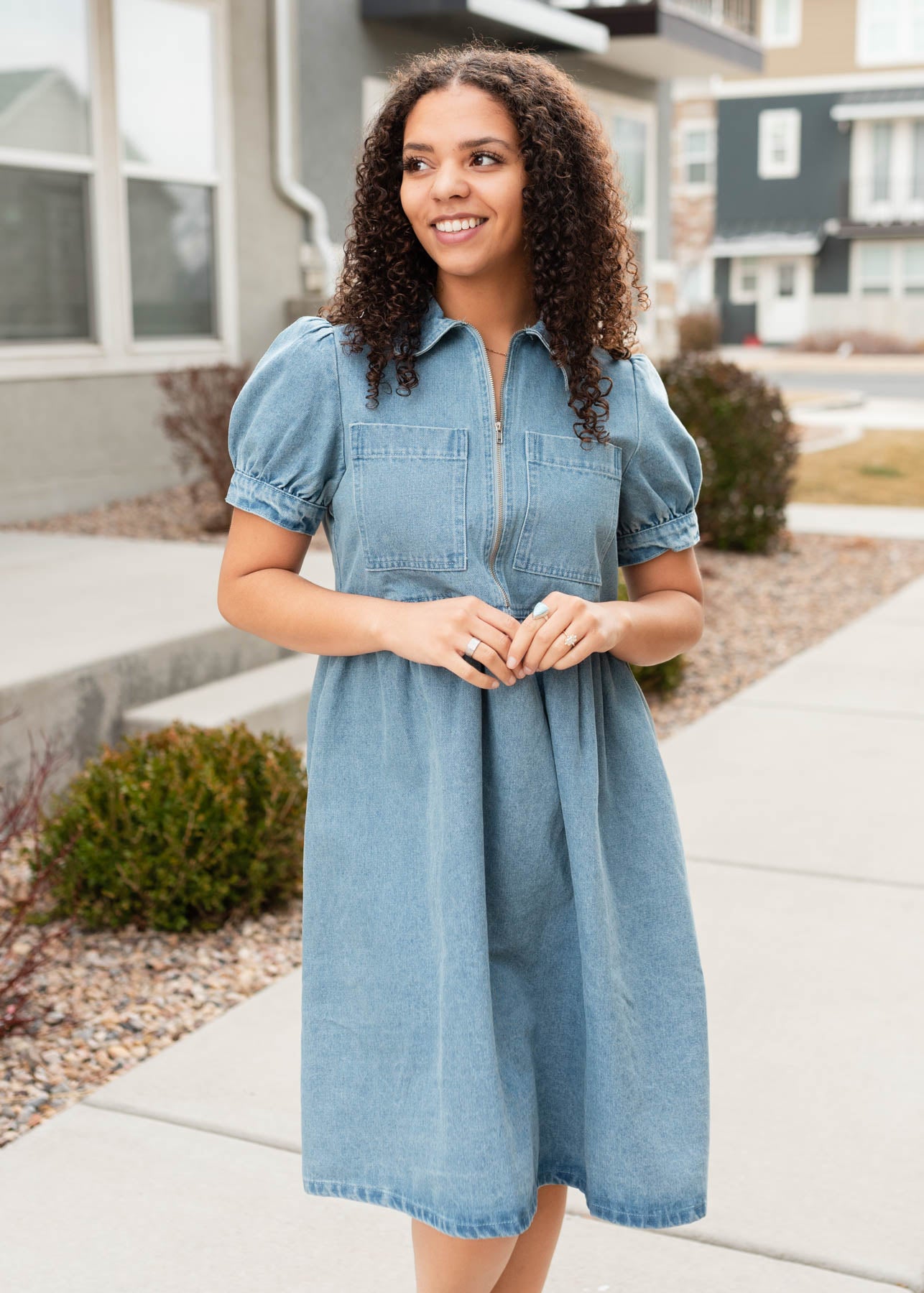 Short sleeve denim zip up dress with a collar