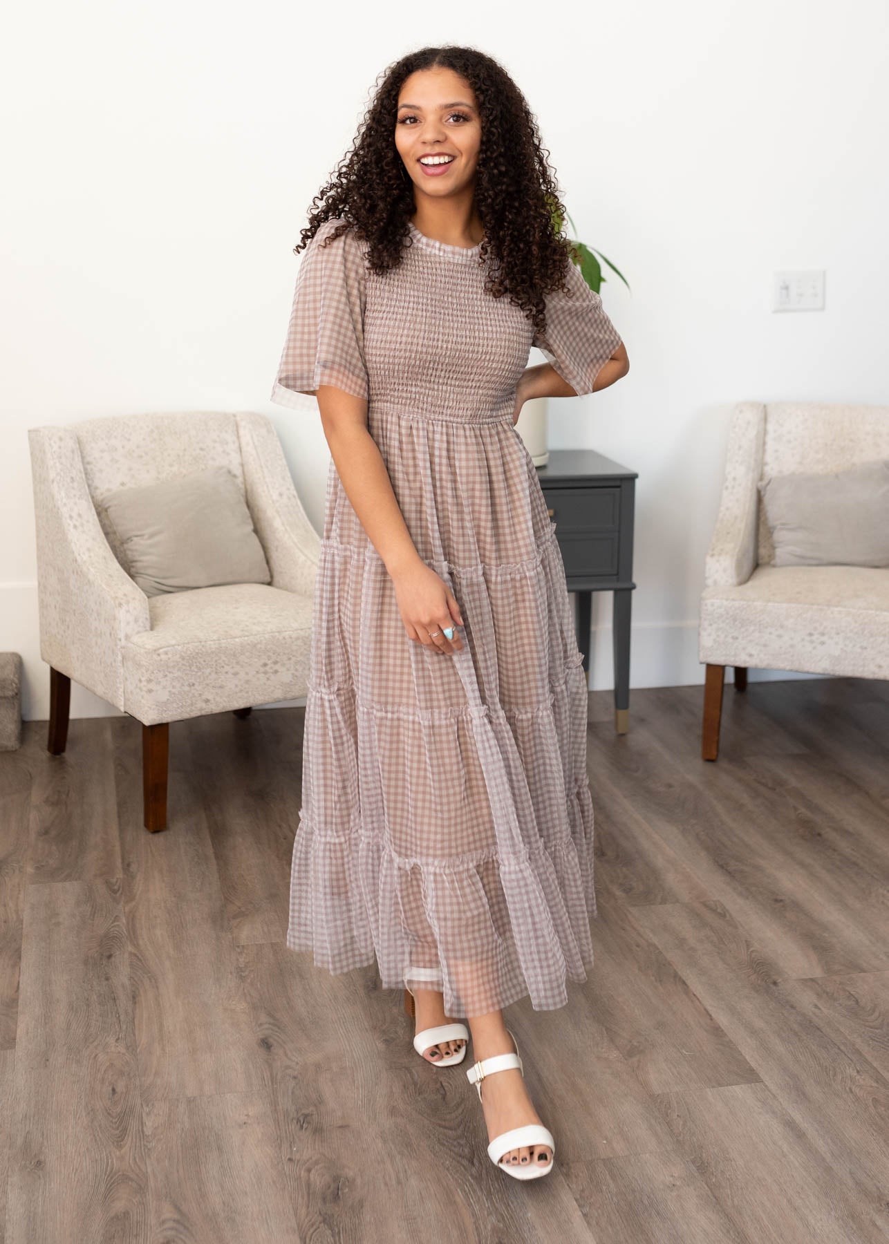 Short sleeve light mocha gingham dress