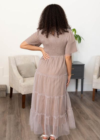 Back view of light mocha gingham dress