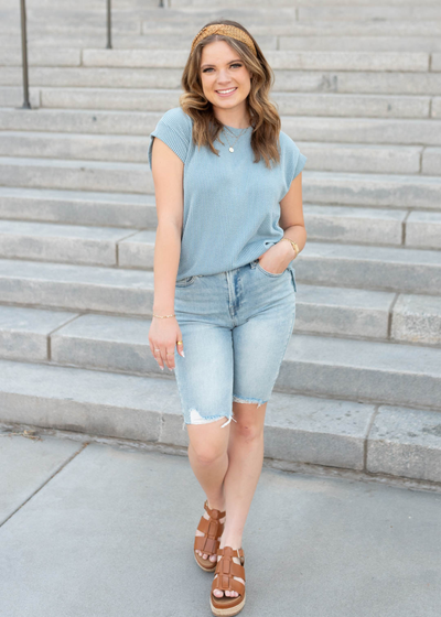 Dusty blue sleeveless ribbed top