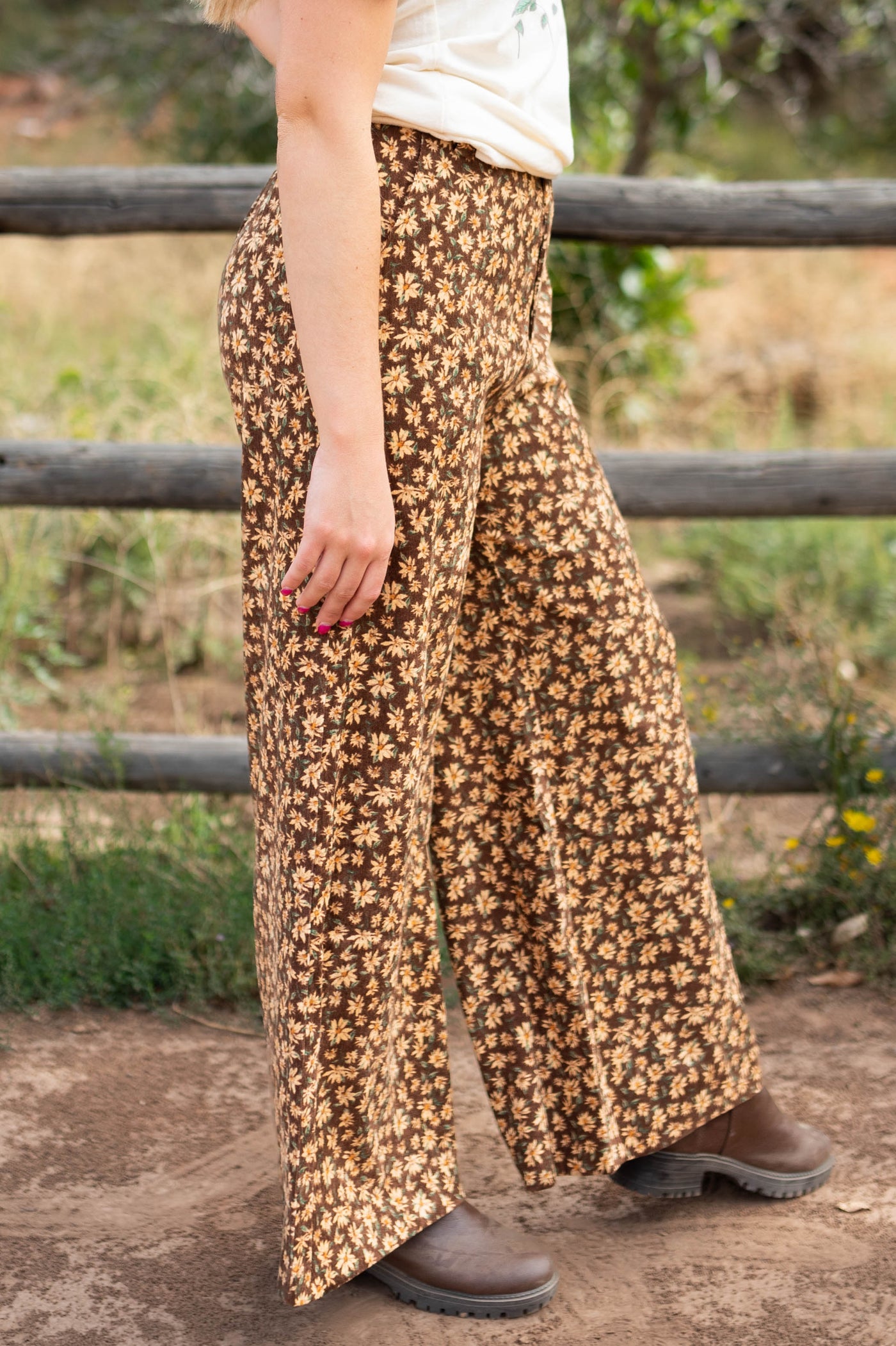 Side view of brown floral pants