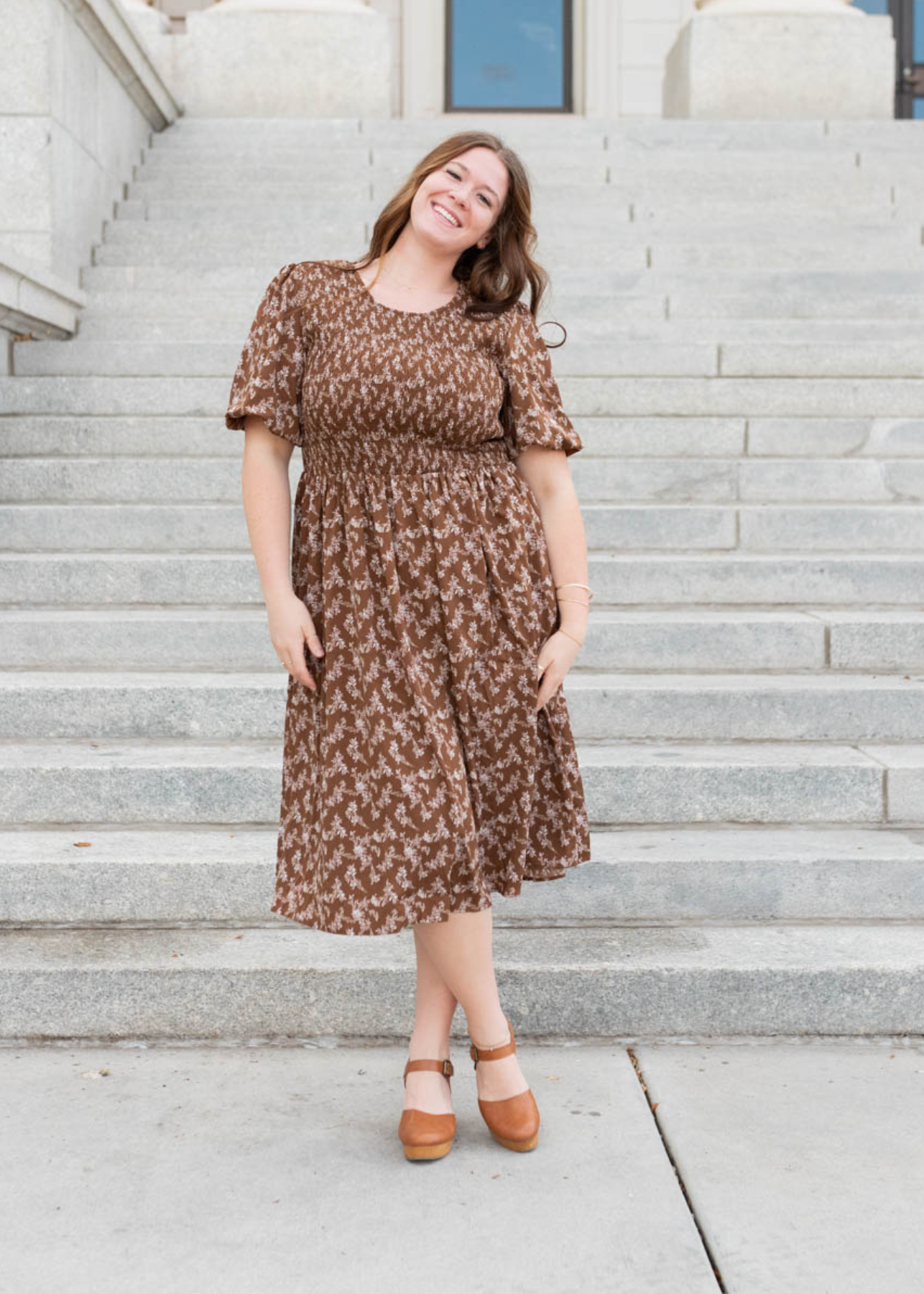 Short sleeve brown floral smocked dress