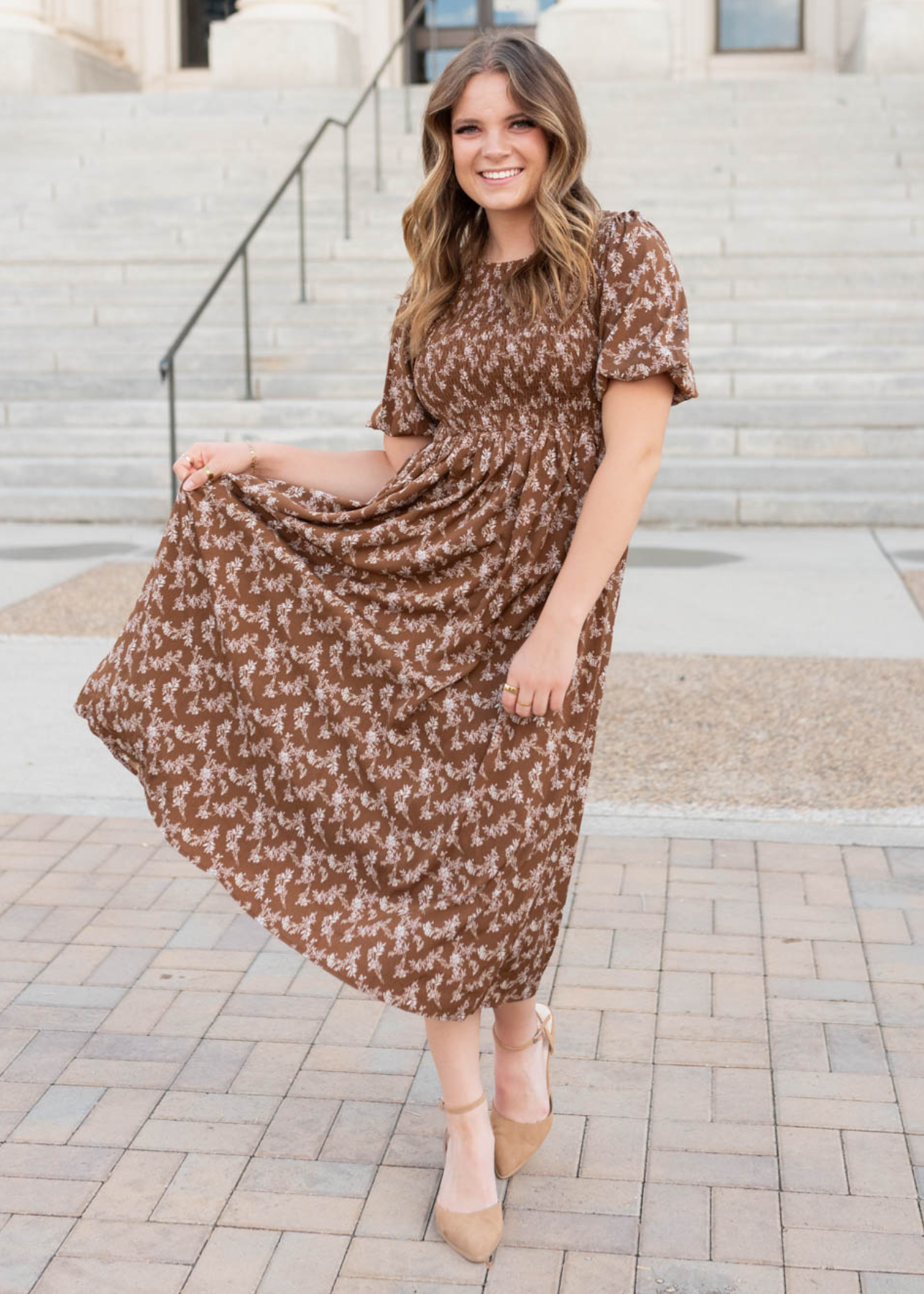 Brown floral smocked dress