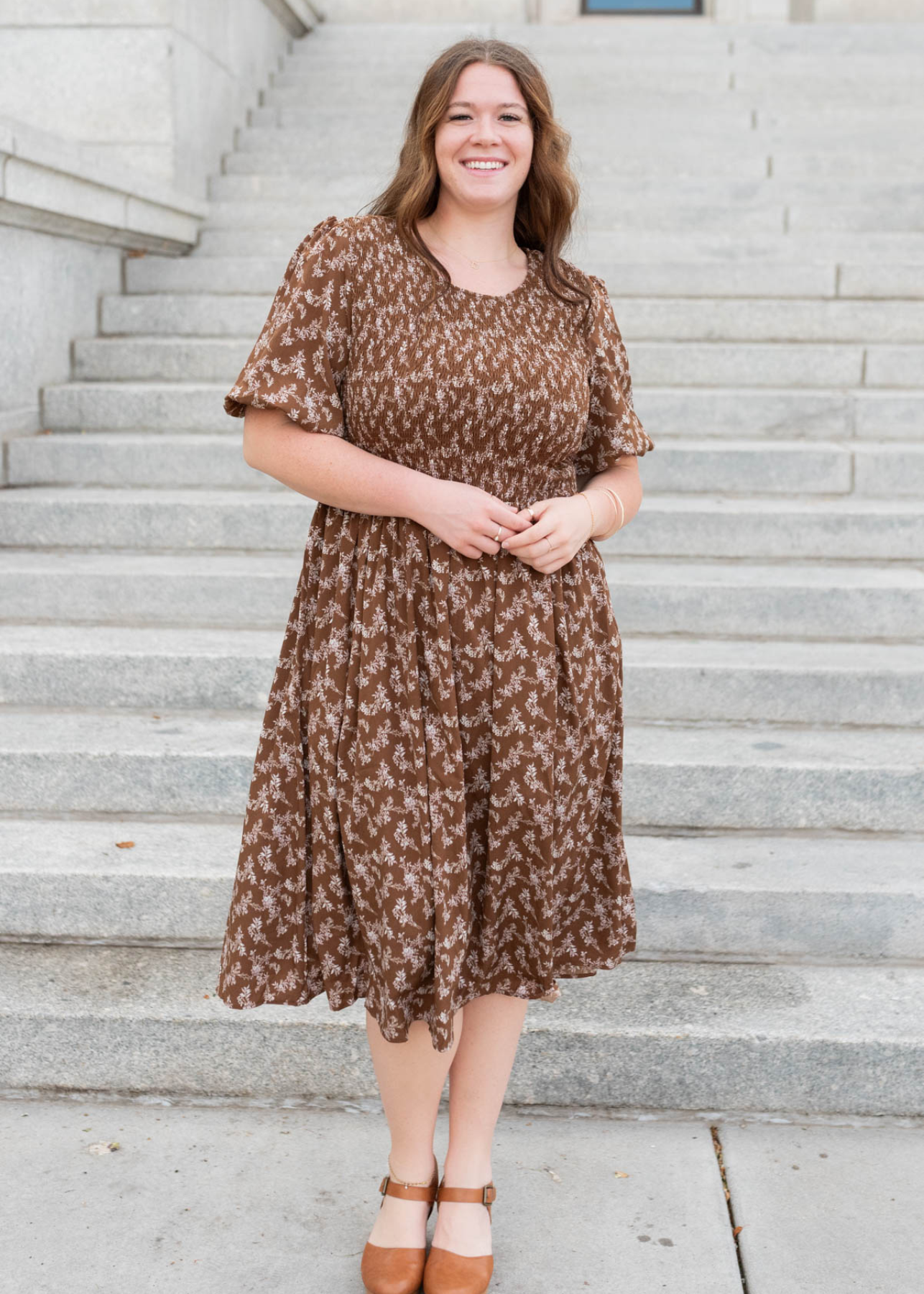 Plus size brown floral smocked dress with short sleeves