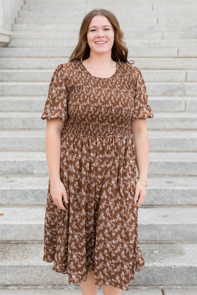 Plus size brown floral smocked dress