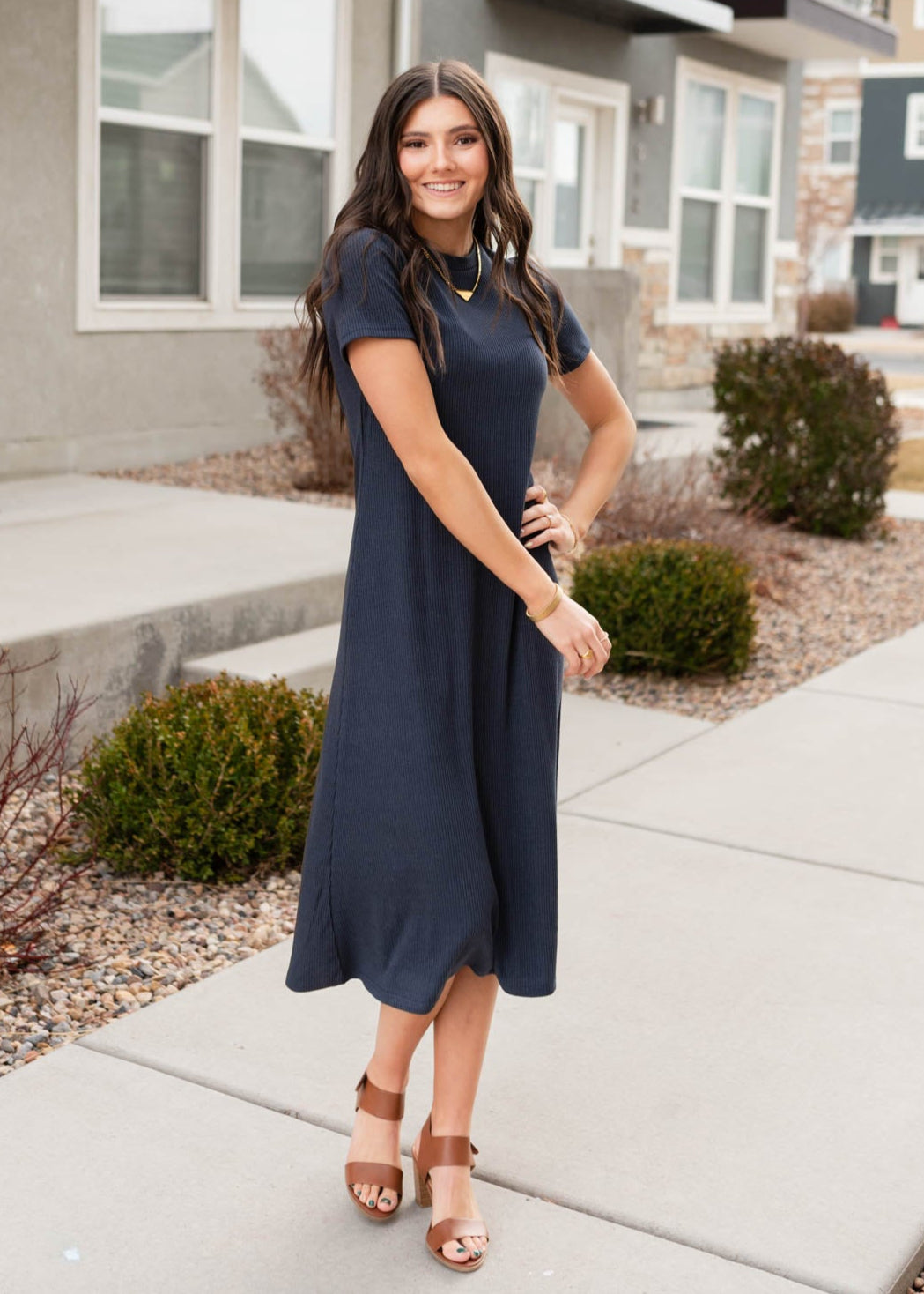 Front view of the navy ribbed t-shirt dress