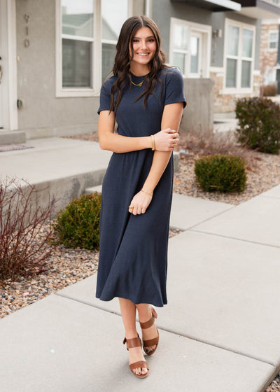 Crew neck navy ribbed t-shirt dress