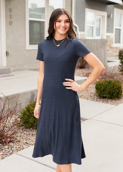 Short sleeve navy ribbed t-shirt dress