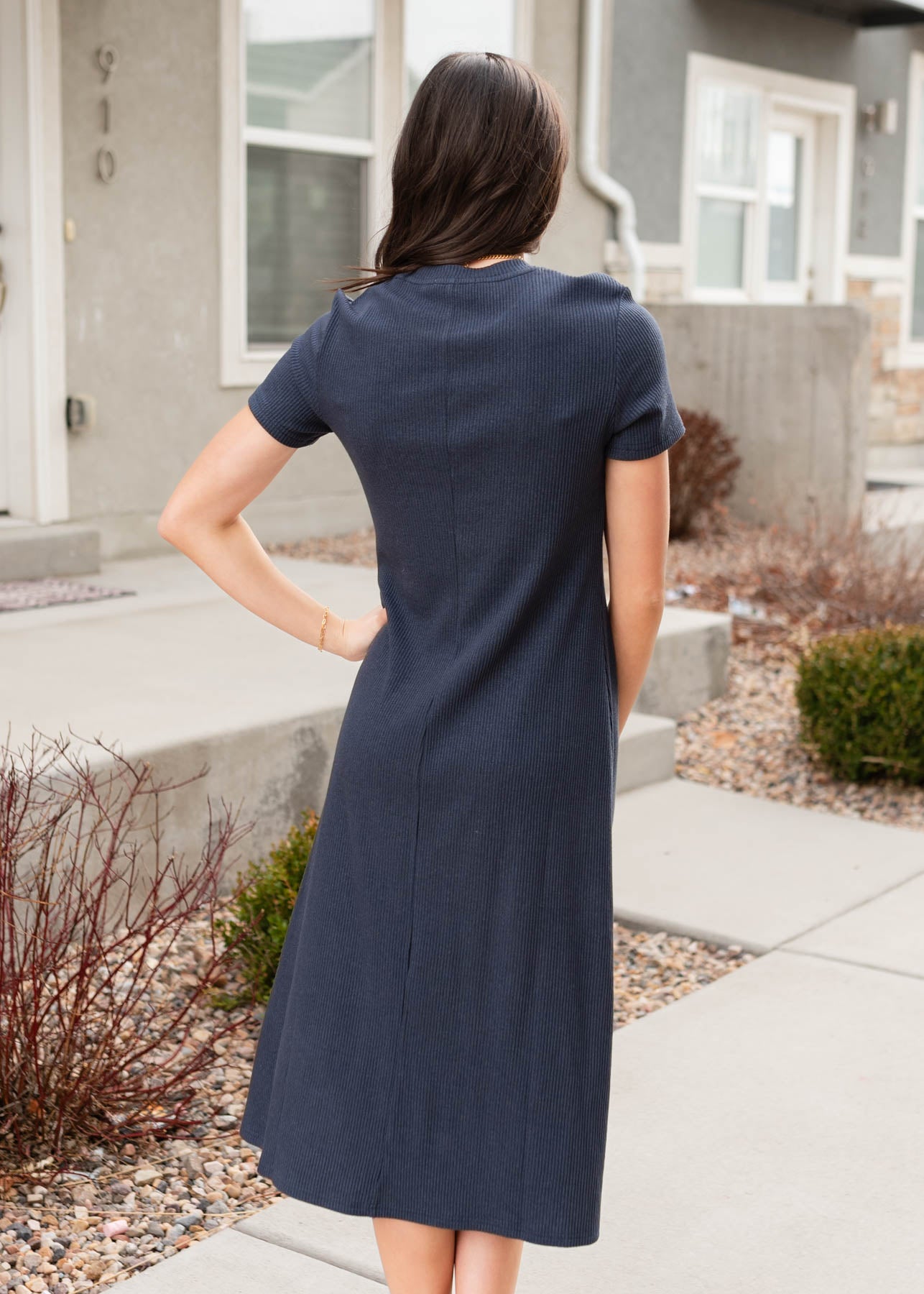 Back view of the navy ribbed t-shirt dress