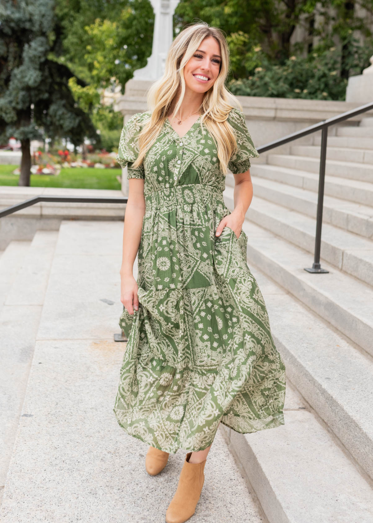 Green floral tiered dress with short sleeves