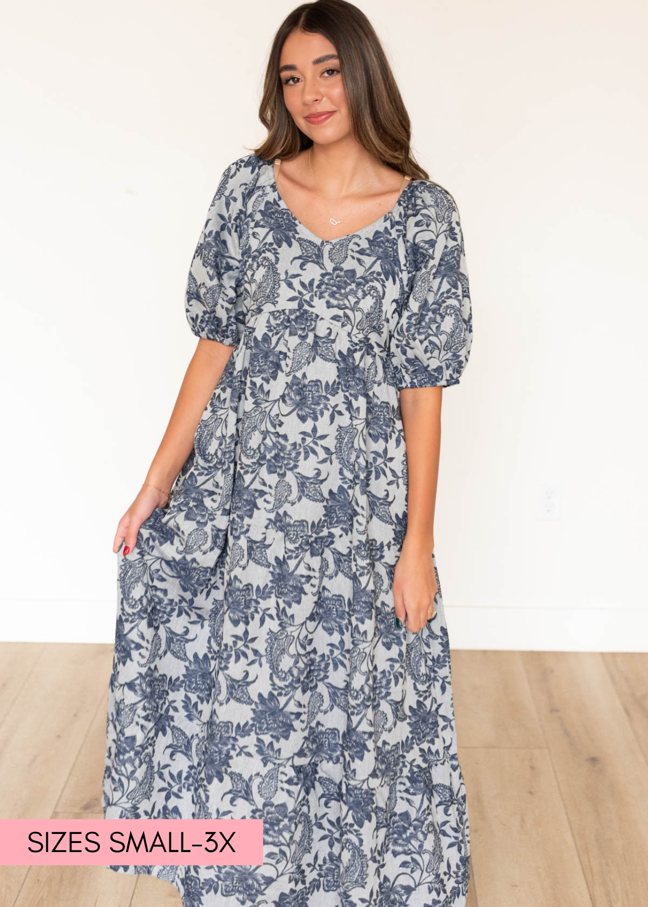 White and navy floral dress with short sleeves