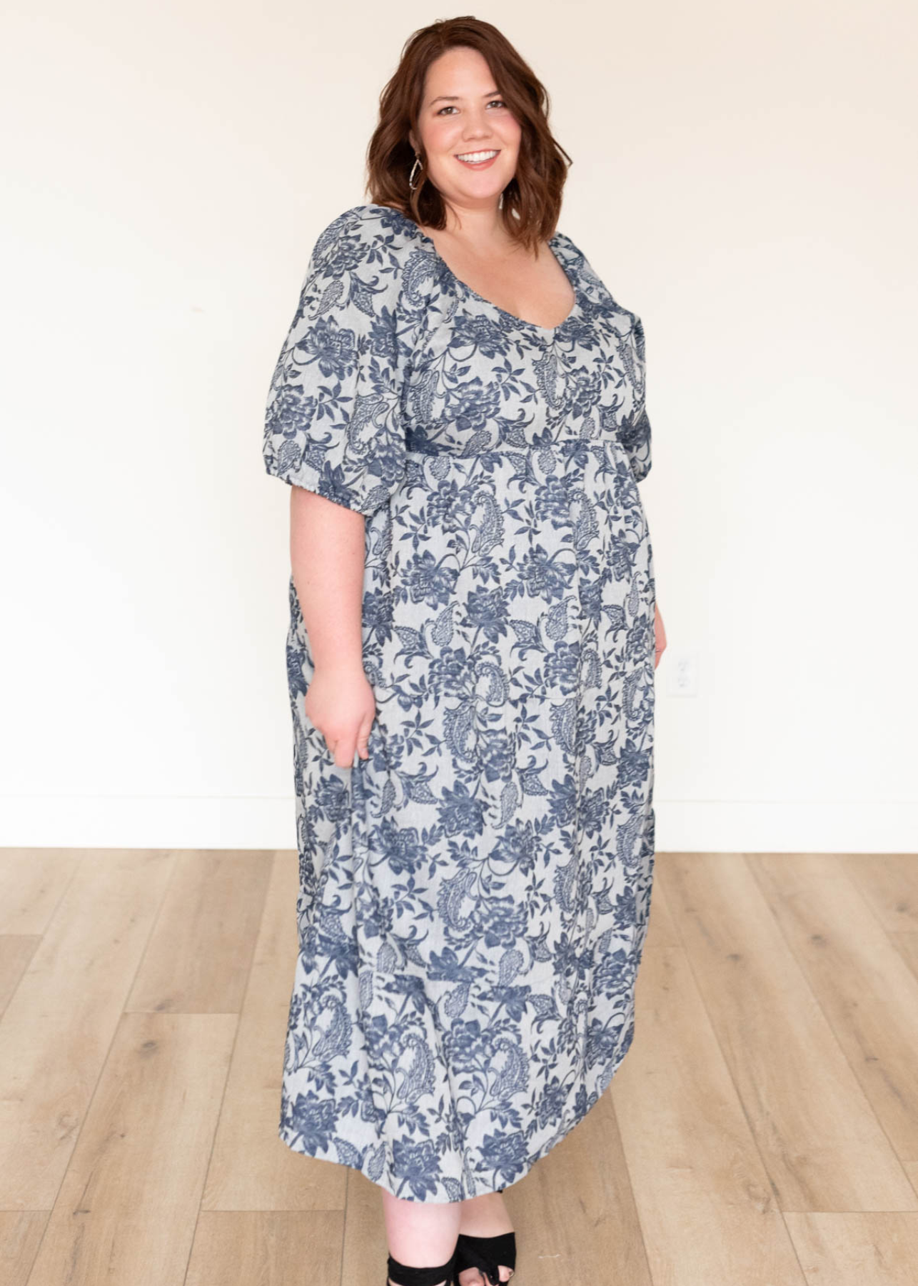 White and navy floral dress in plus size