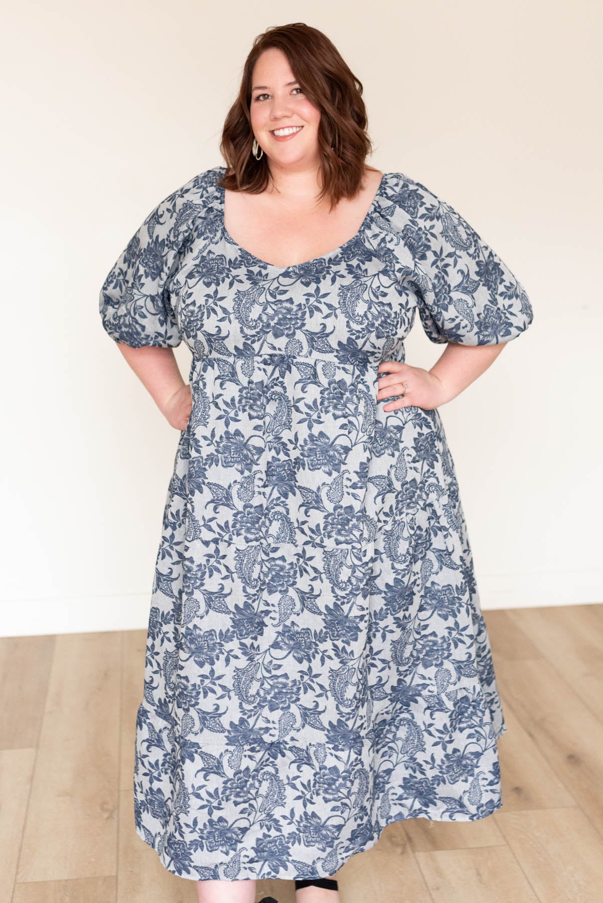 High waisted navy floral dress in plus size