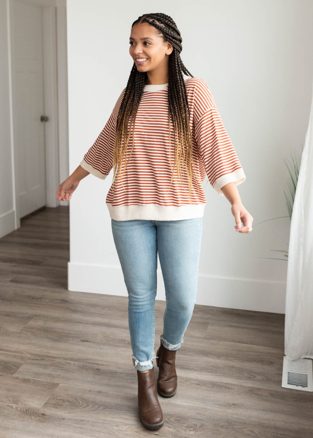 Rust stripe top with ivory trim