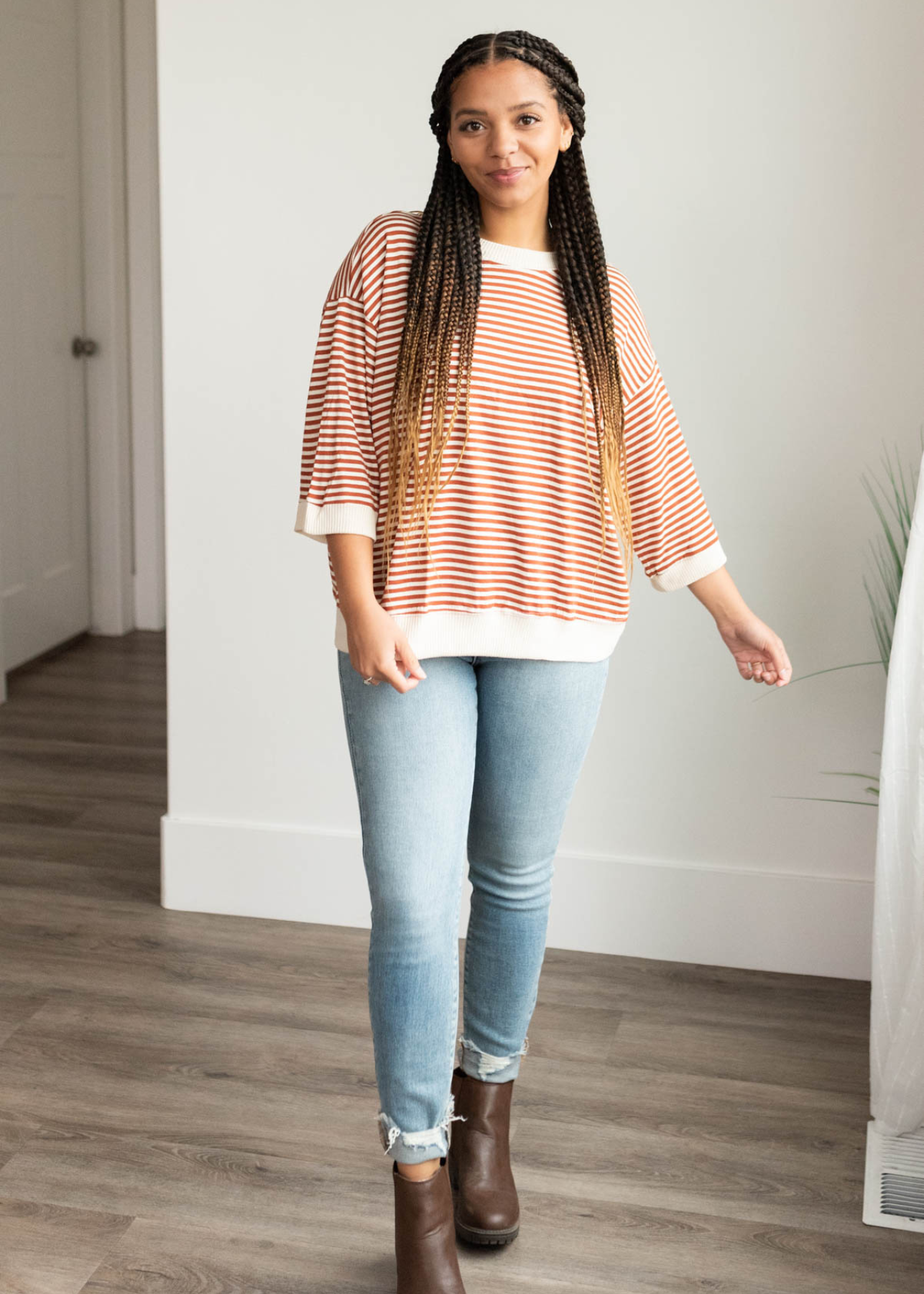 Rust stripe top with short sleeves