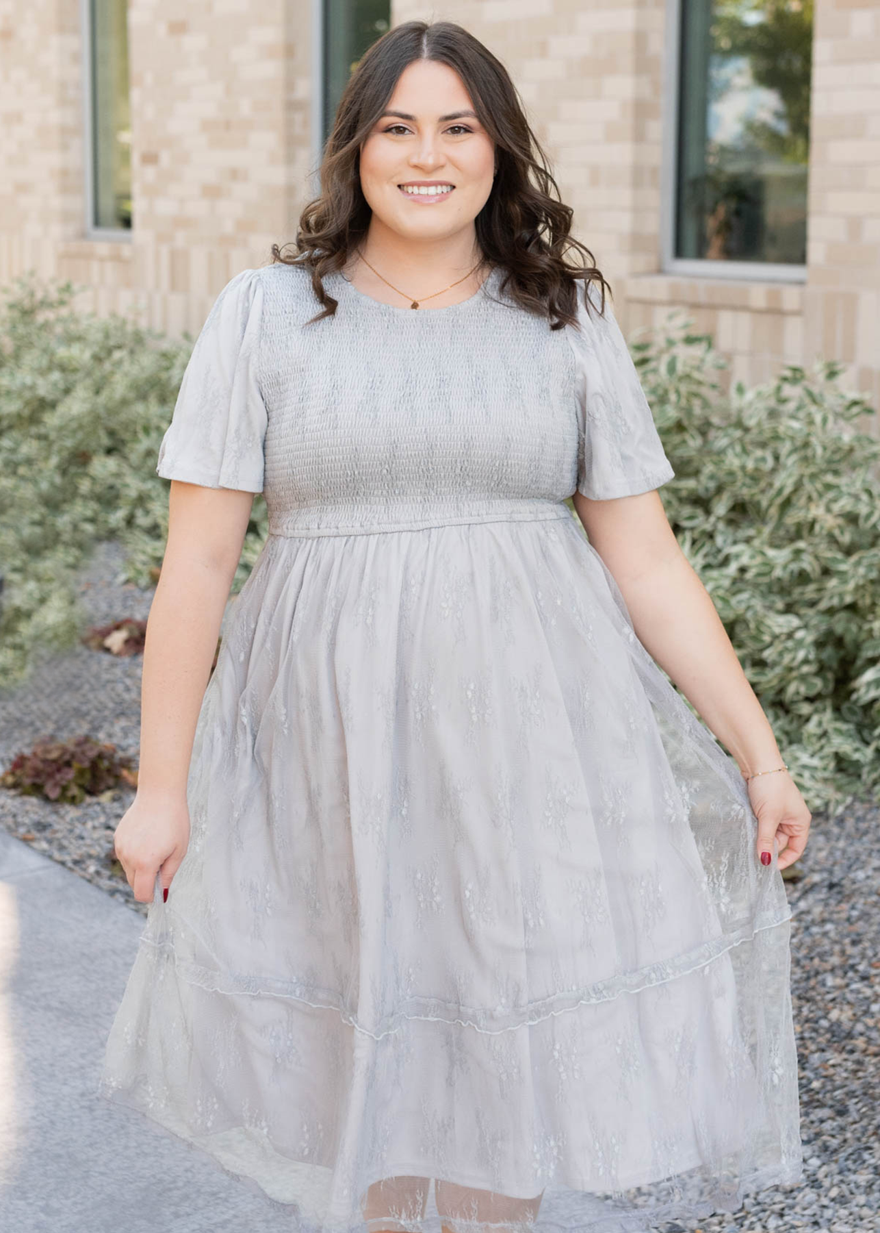 Plus size grey floral lace dress