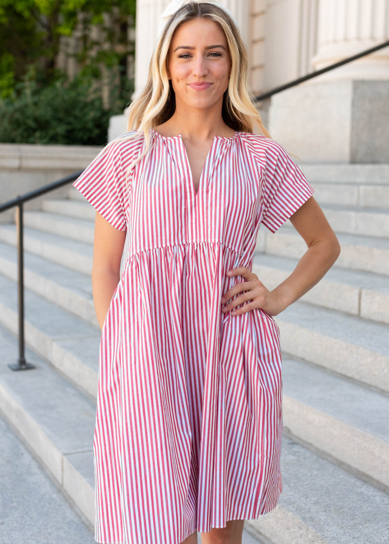 Red stripe mini dress with pockets