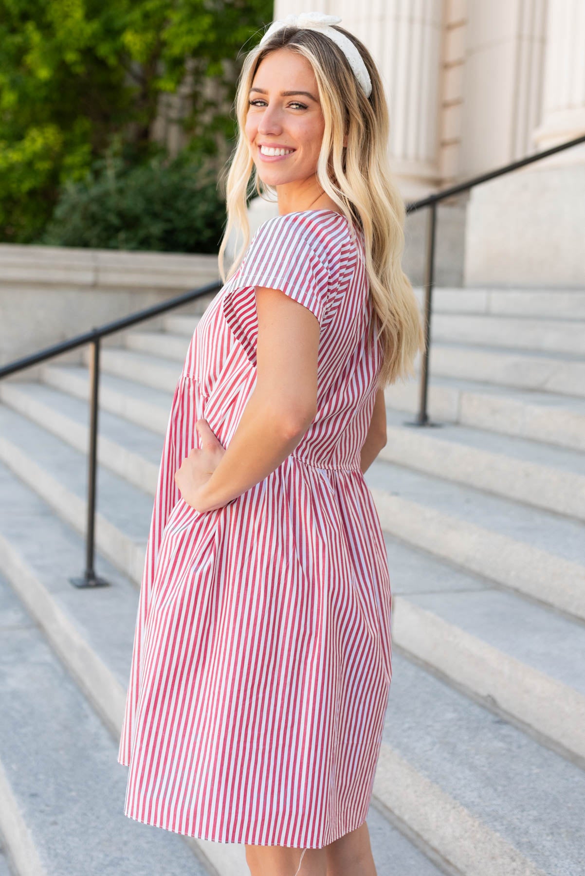 Side view of the red stripe mini dress