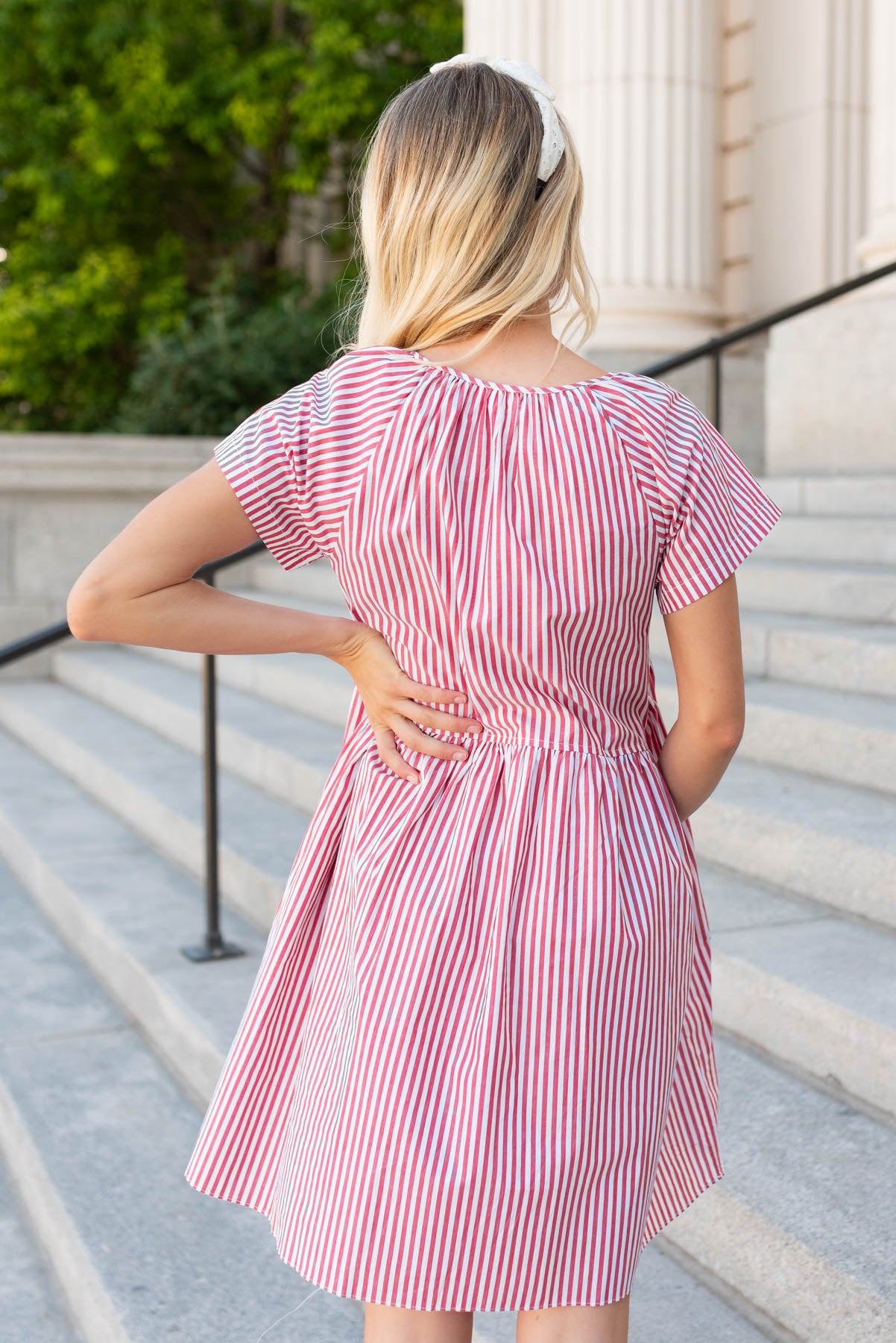 Back view of the red stripe mini dress