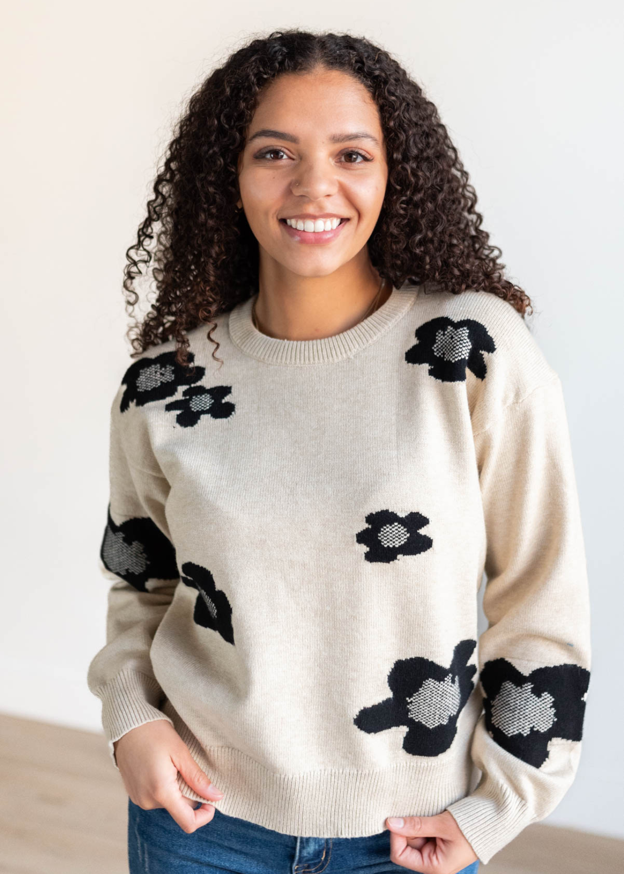 khaki black floral sweater with long sleeves