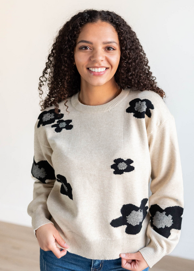 khaki black floral sweater with long sleeves