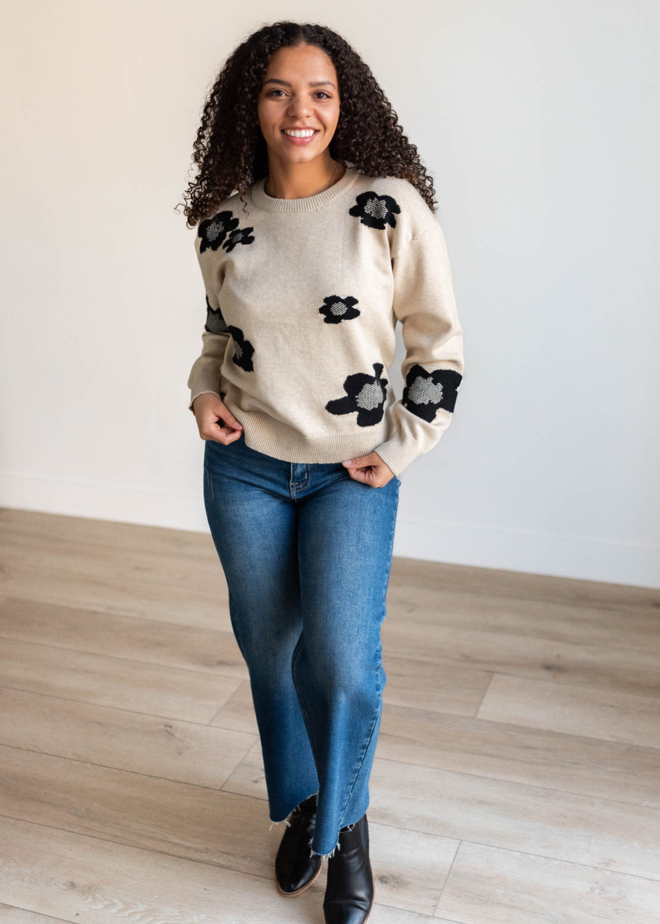 Long sleeve khaki black floral sweater