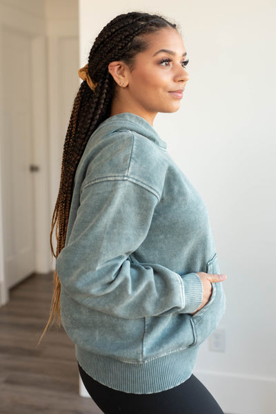 Side view of the ash jade fleece hoodie