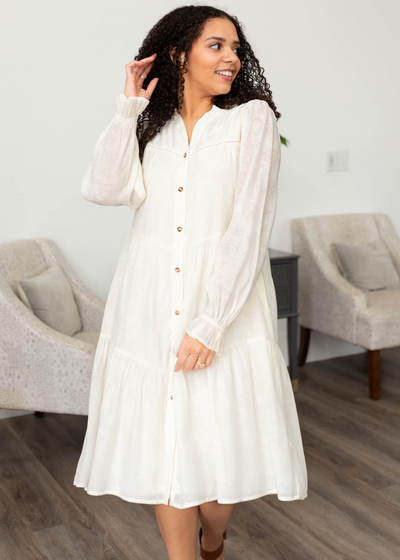 Ivory button down dress with long sleeves