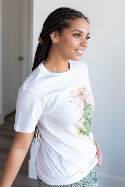 Side view of the Christmas tree bow white t-shirt