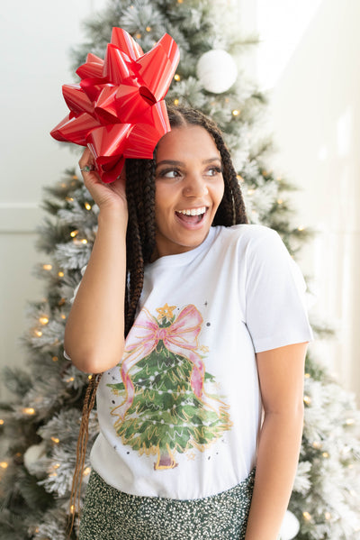 Short sleeve Christmas tree bow white t-shirt