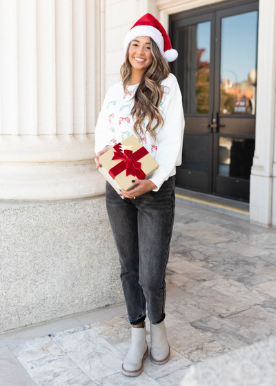 Long sleeve white christmas bow sweater