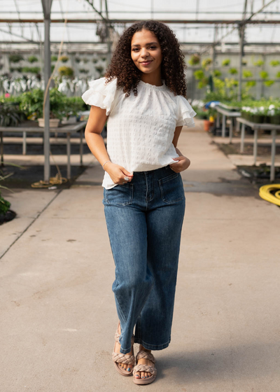 Short sleeve white ruffle sleeve top