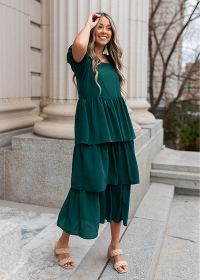 Short sleeve green ruffle tiered dress