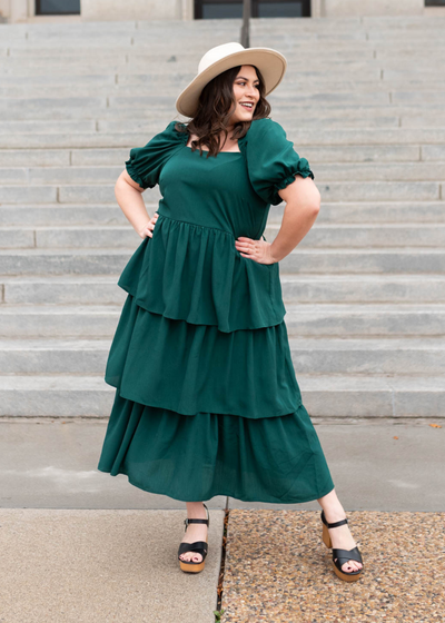 Short sleeve green ruffle tiered dress