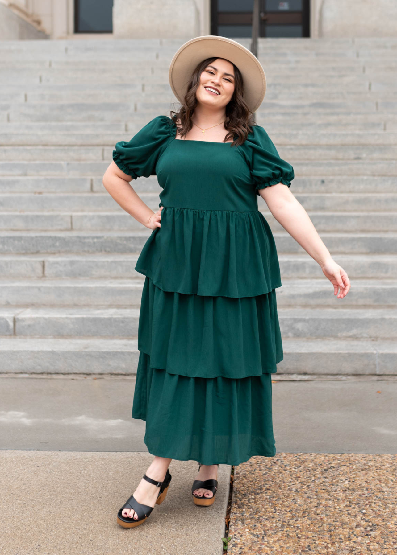 Plus size green ruffle tiered dress