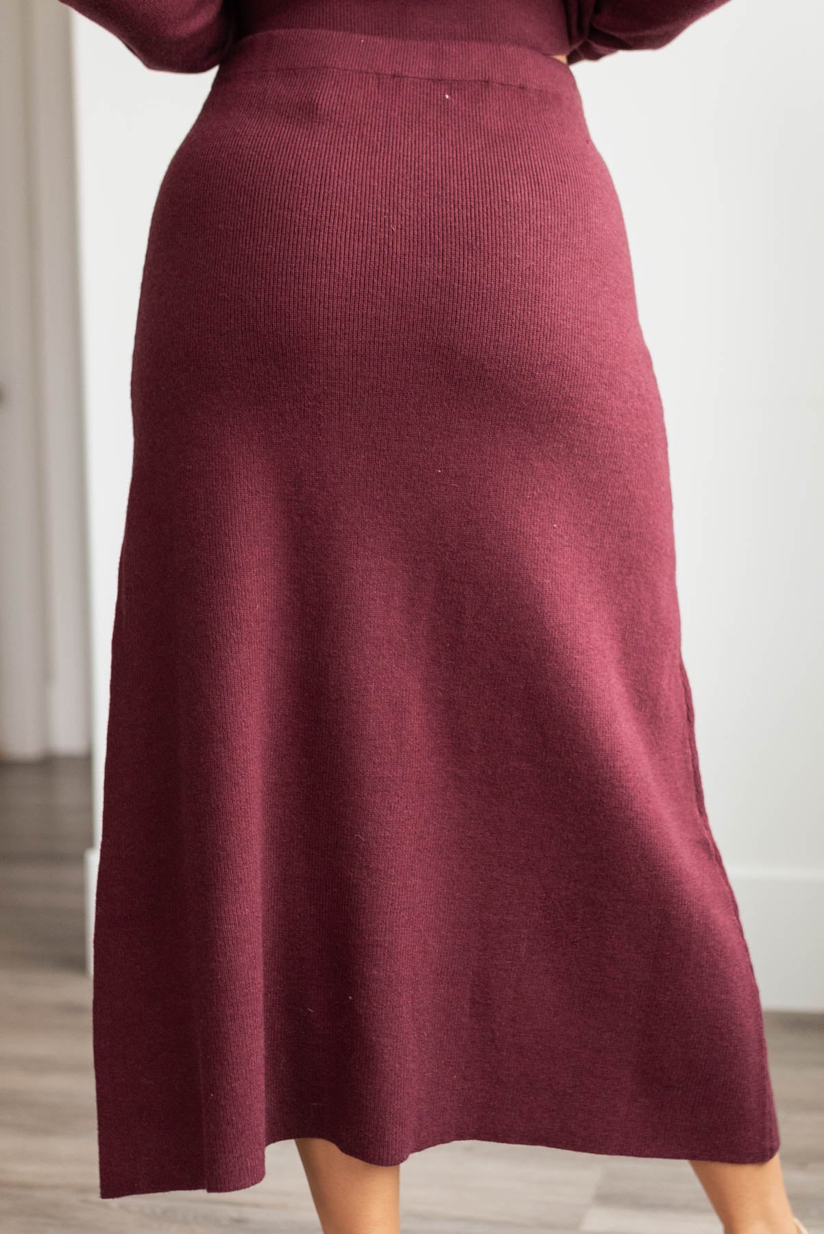 Back view of the burgundy knit skirt