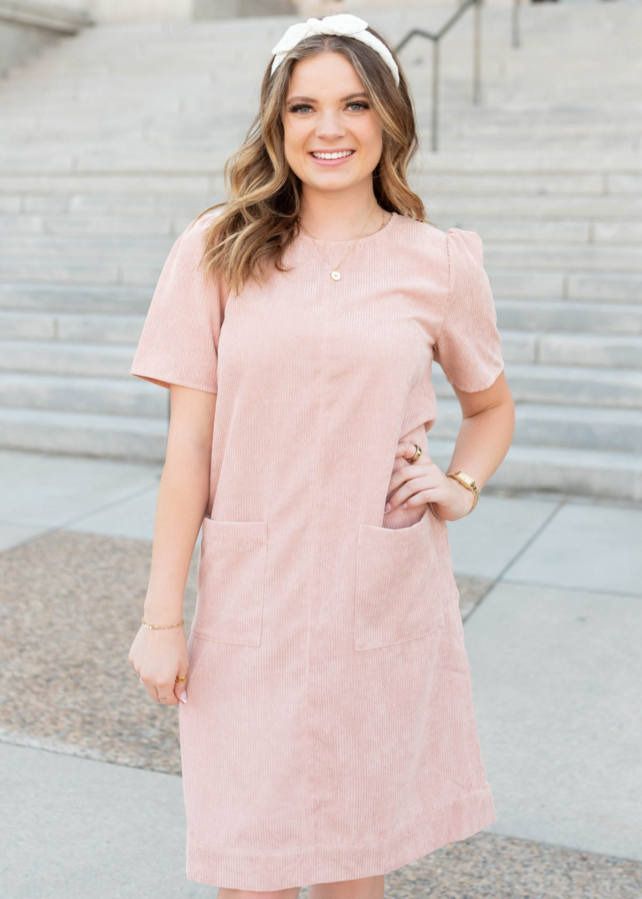 Knee length blush corduroy dress